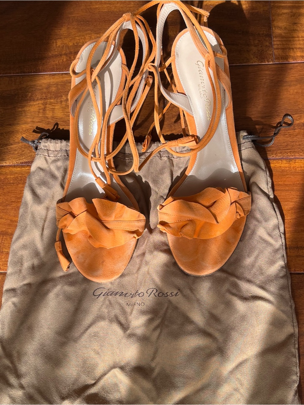Gianvito Rossi Orange Ruffle Lace-Up Heeled Sandals